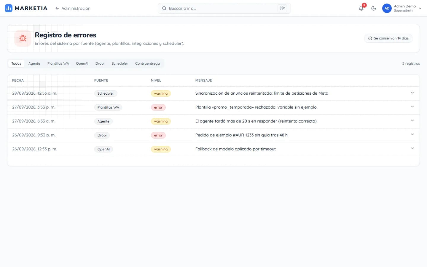 Error log — System errors by source (agent, templates, integrations and scheduler); kept for 14 days.