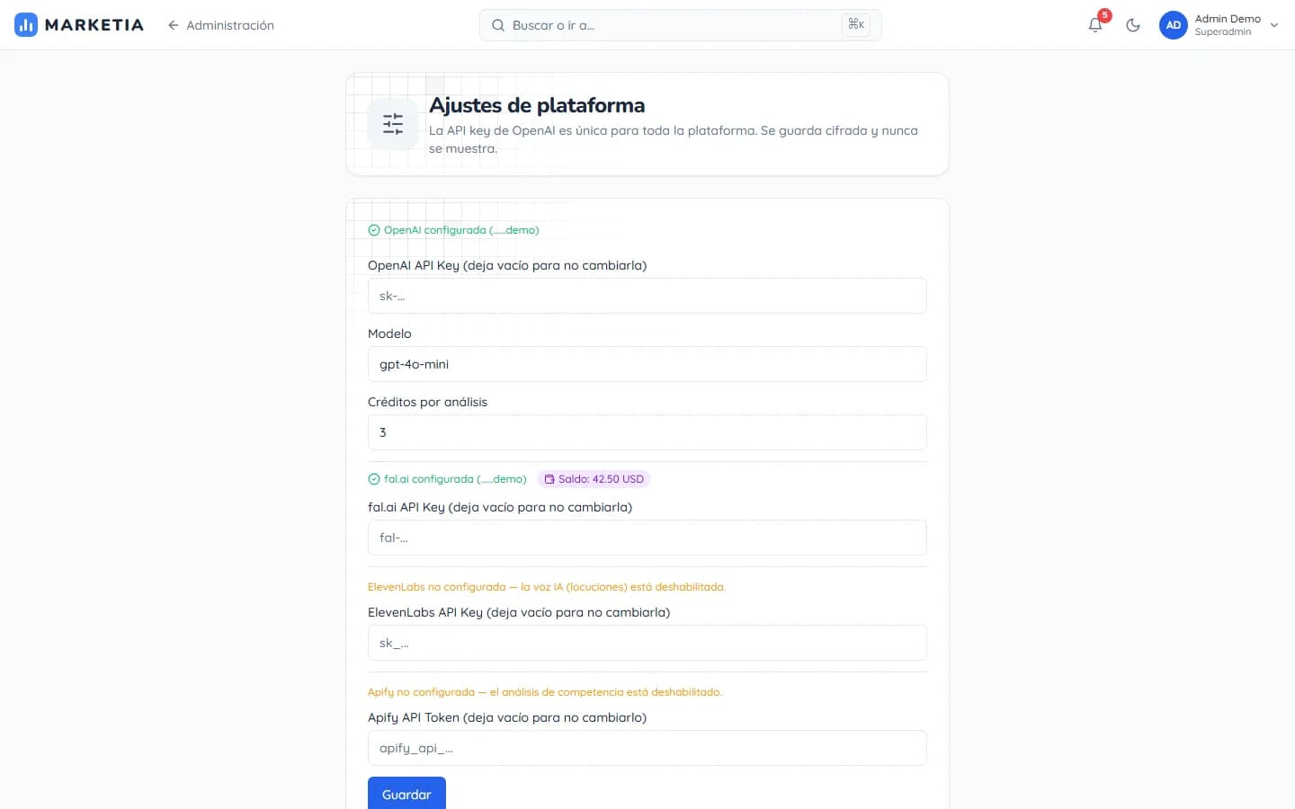 Platform settings — Platform AI provider keys, stored encrypted and never displayed.
