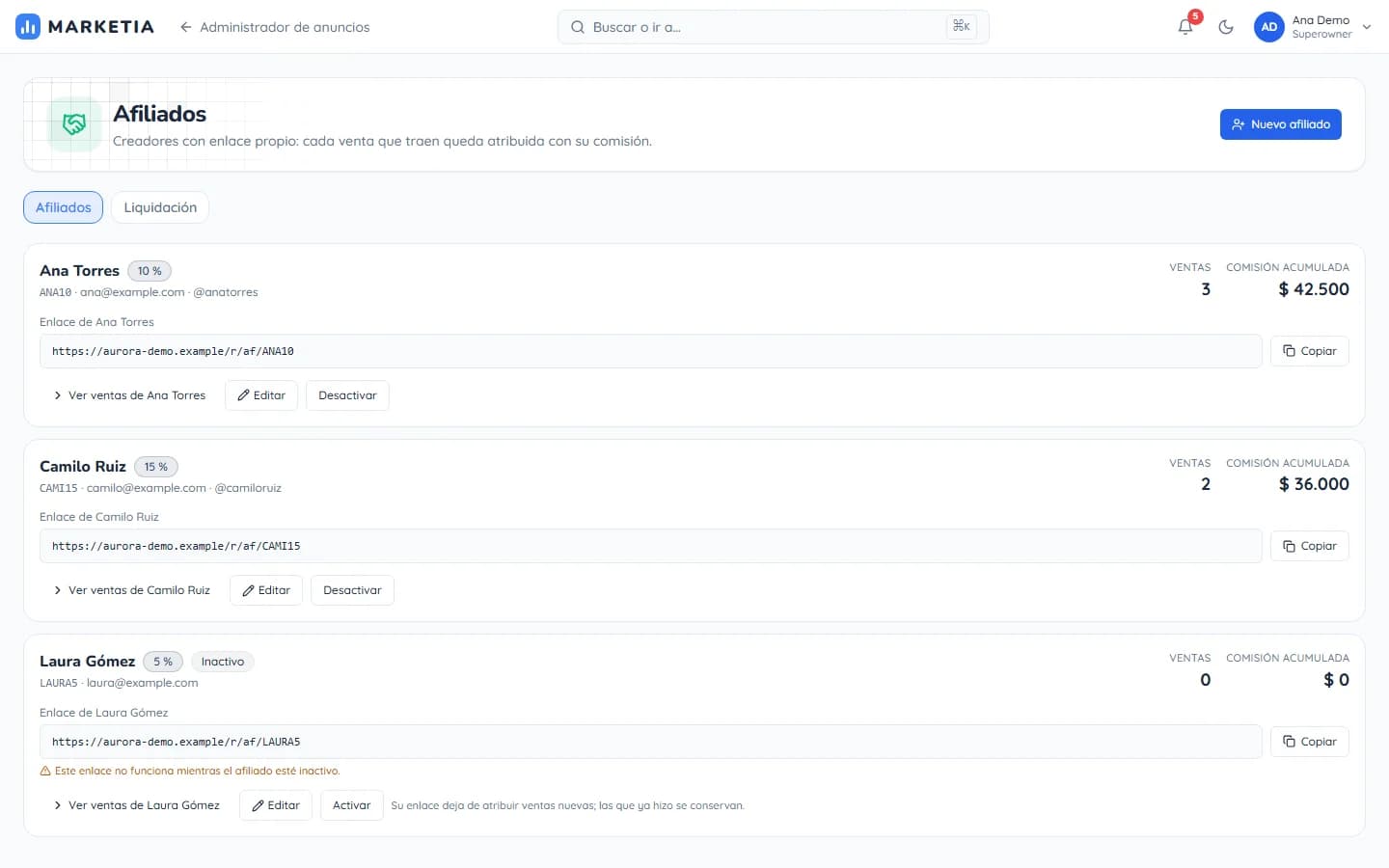 Affiliates — Creators with their own link: every sale they bring is attributed with its commission.