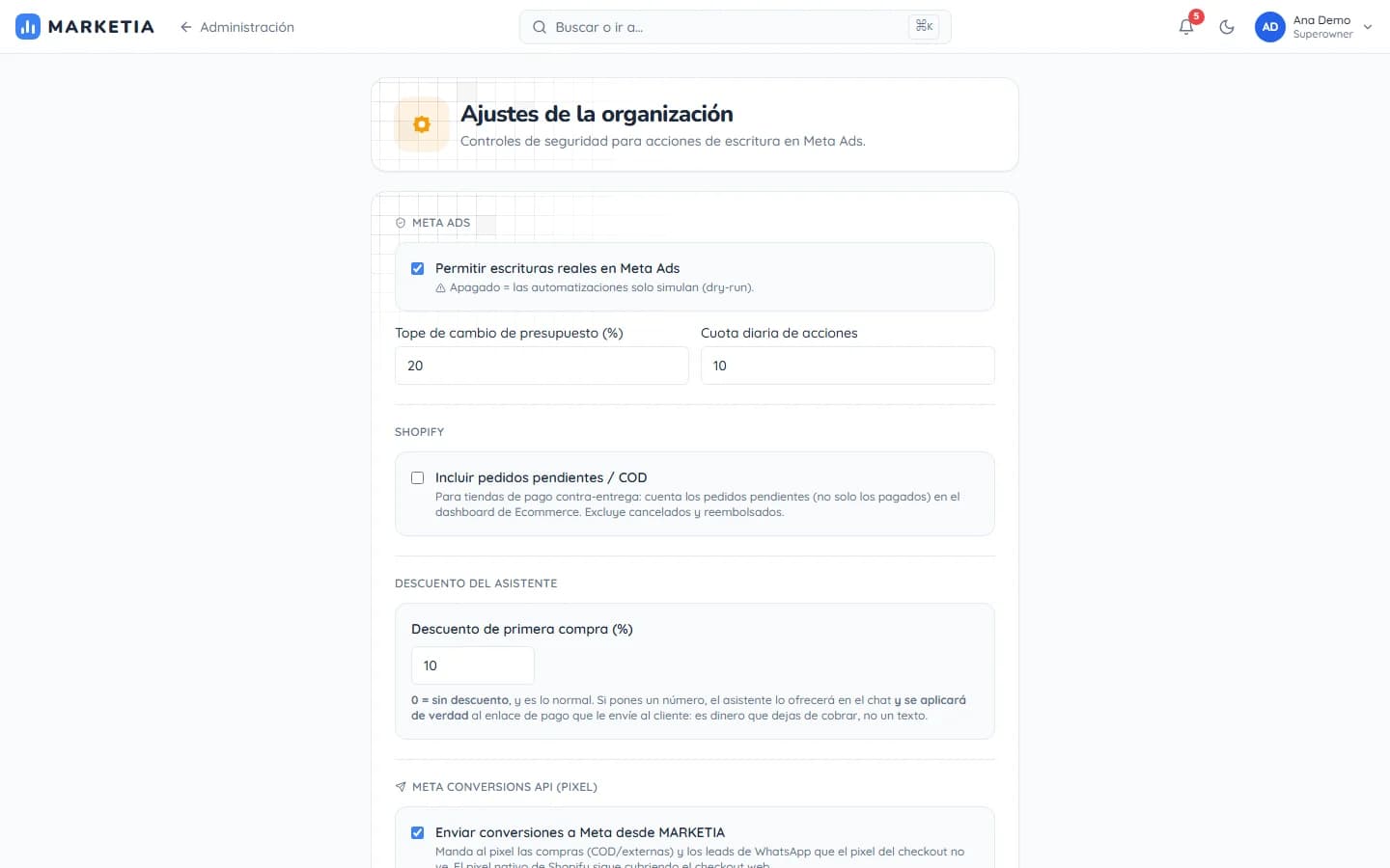 Organization settings — Safety controls for Meta Ads write actions, Shopify orders and the Conversions API.