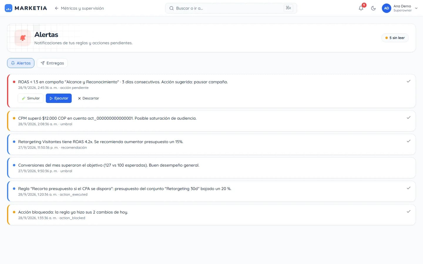 Alerts — Rule notifications and actions waiting for approval, with a dry run before executing.