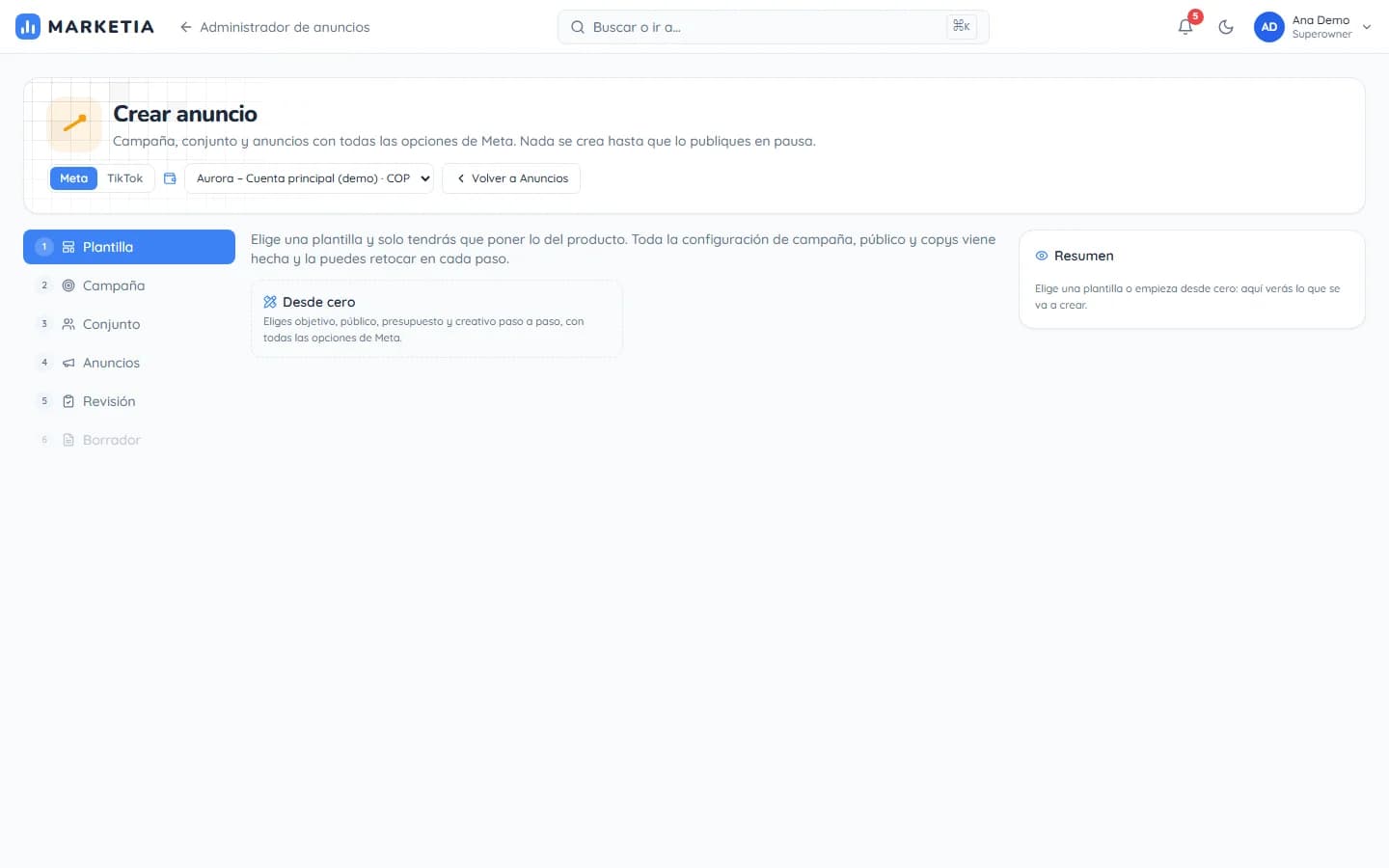 Create ad — Campaign, ad set and ads with Meta options; nothing is created until it is published paused.