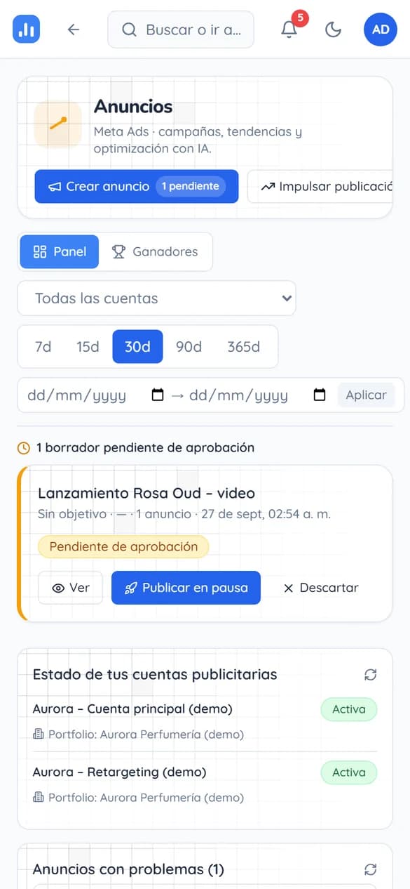 Ads — Meta Ads: campaigns, trends and AI optimization; ad account health and ads with delivery issues.