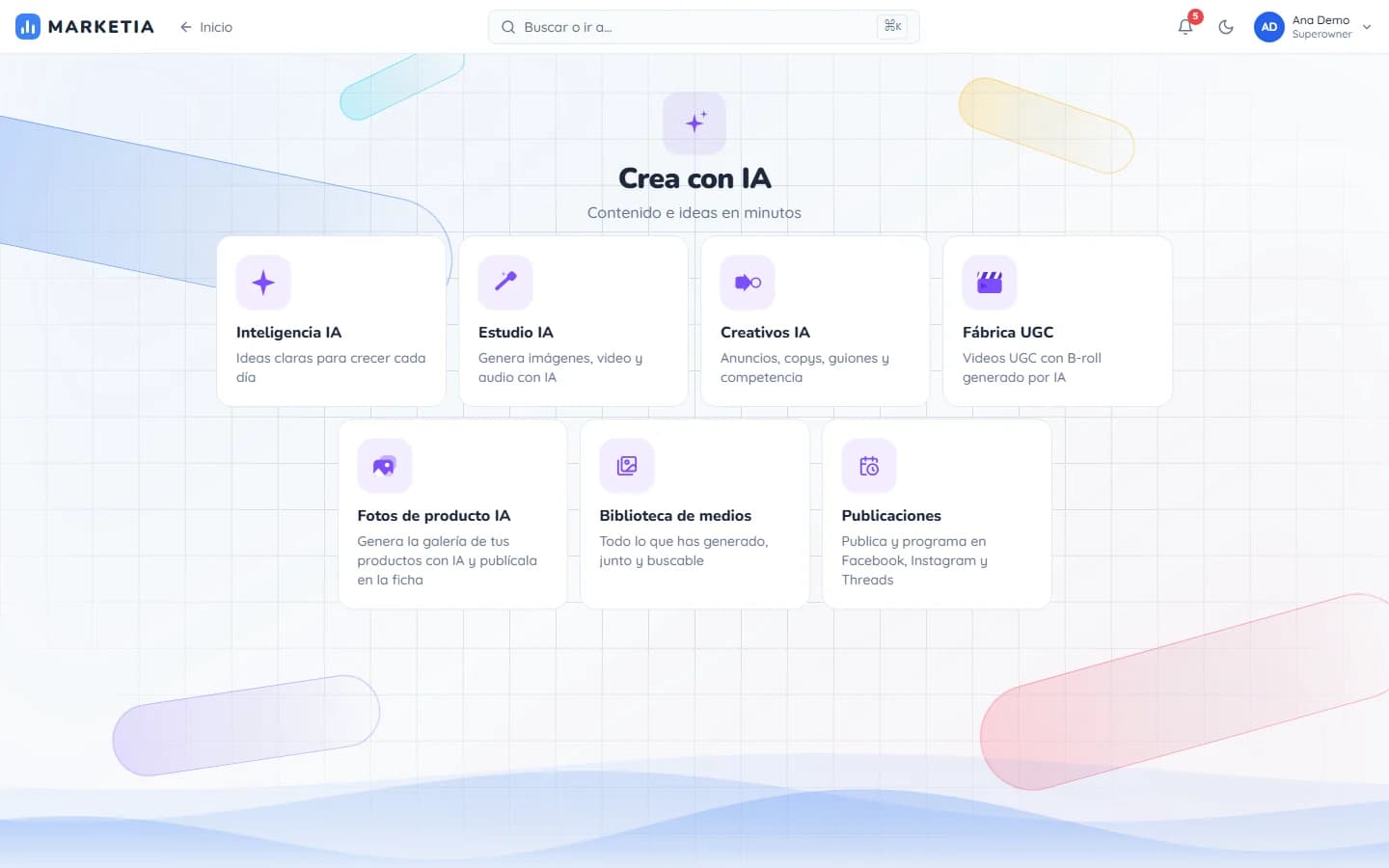 Area: Create with AI — Content and ideas in minutes: AI studio, creatives, UGC factory, media library and publishing.