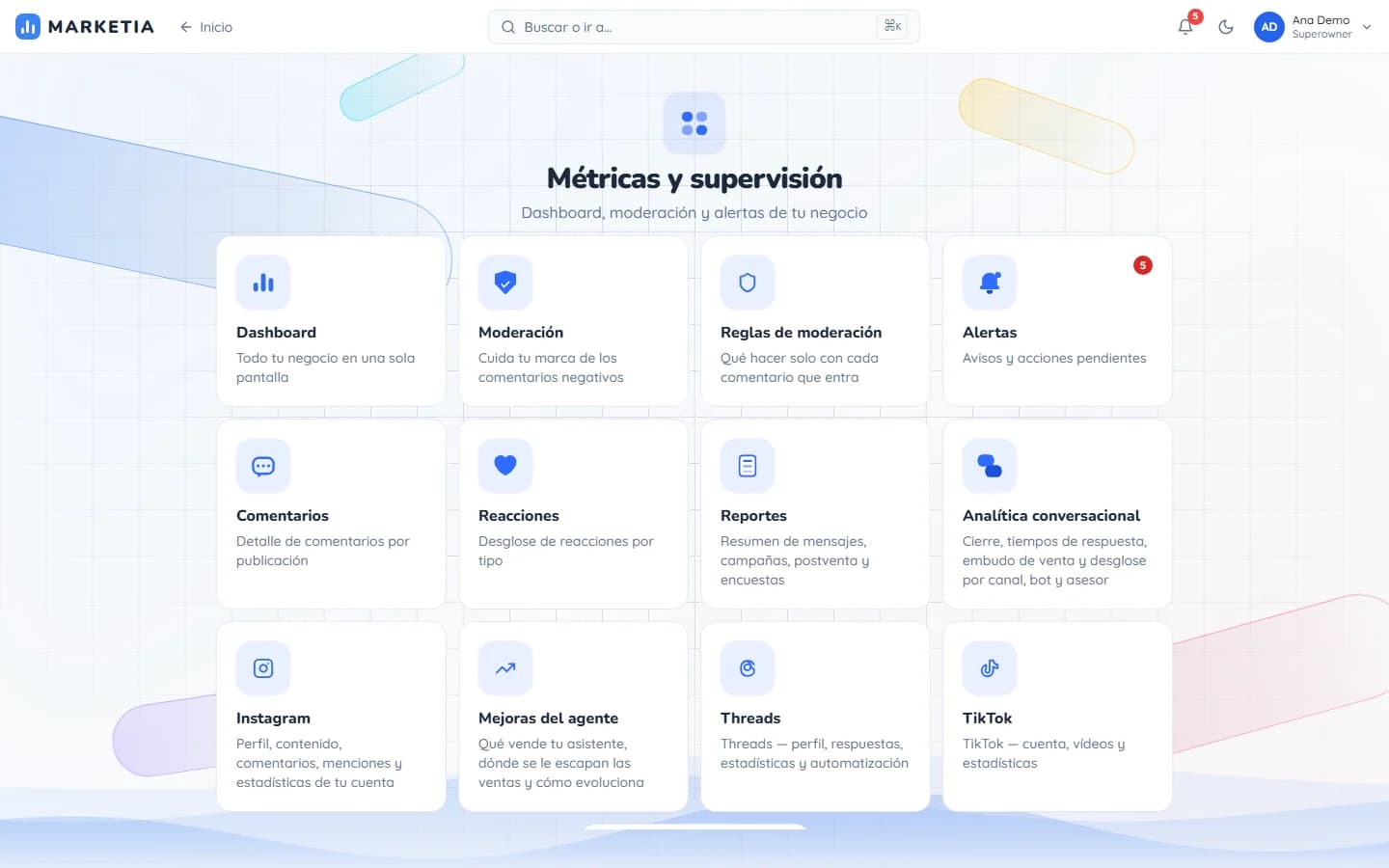 Area: Metrics and monitoring — Dashboard, moderation and alerts for your business.