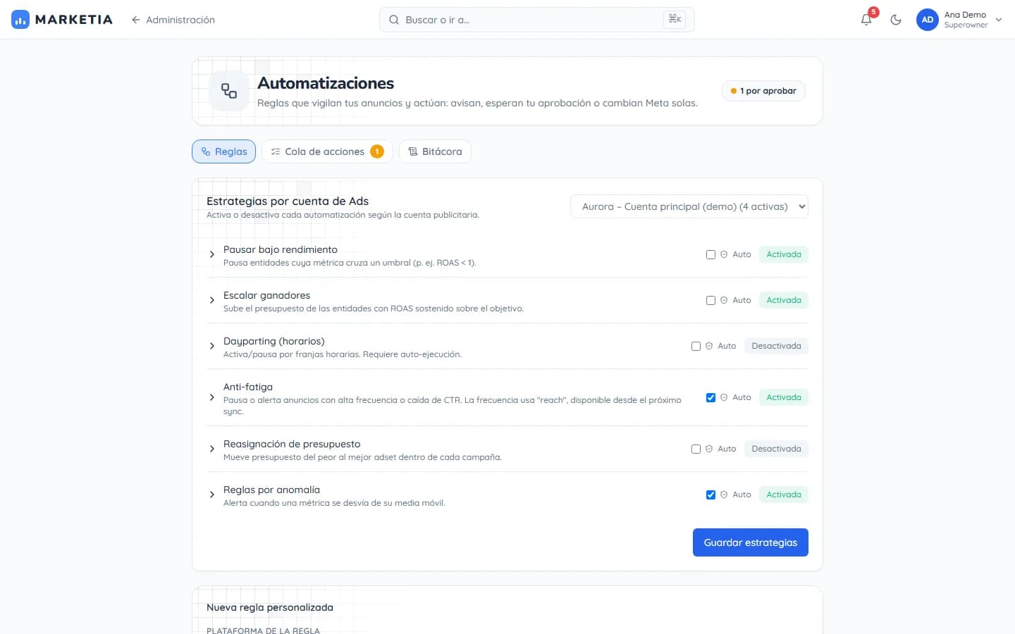 Ad automations — Rules that watch ads and act: alert, wait for approval or change Meta by themselves, with an action queue and log.