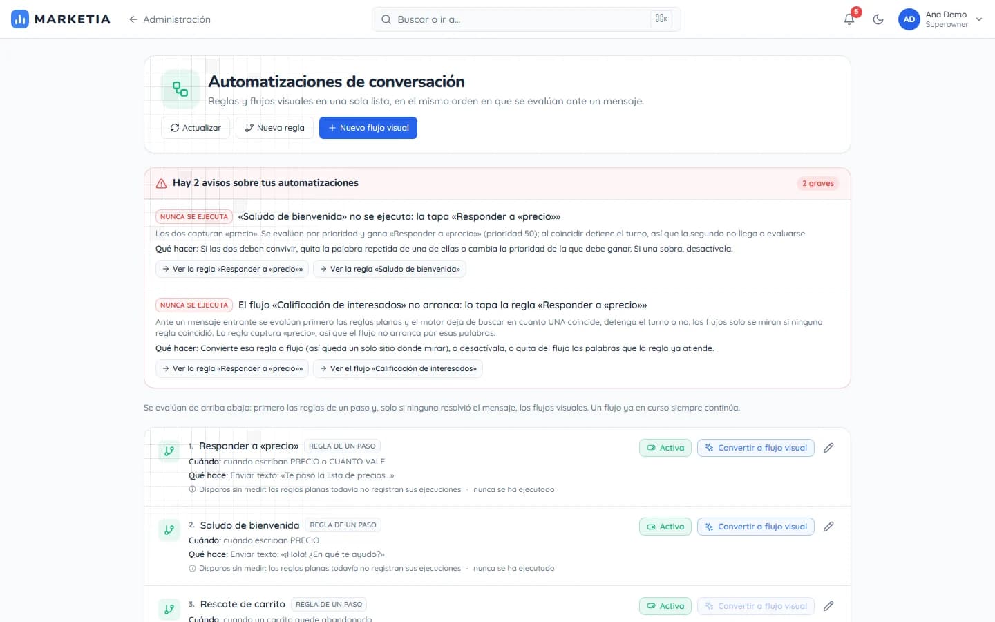 Conversation automations — Rules and visual flows in a single list, in evaluation order, with conflicts shown.