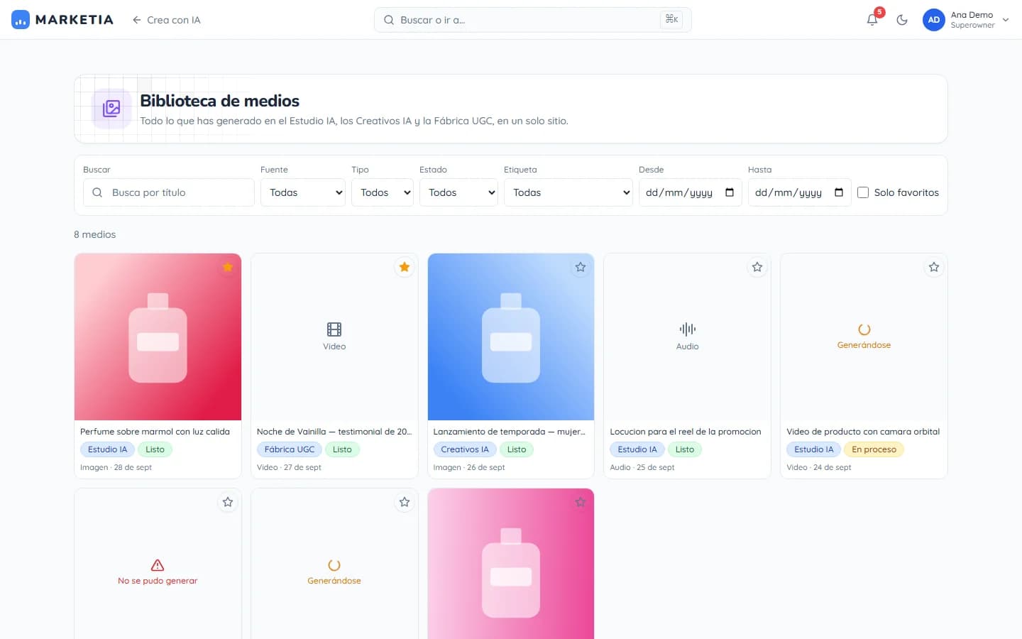 Media library — Everything generated in the AI studio, AI creatives and UGC factory, in one place.