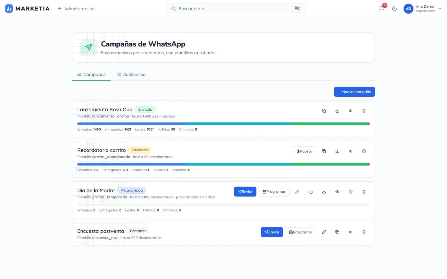 WhatsApp campaigns — Bulk sends by segment using Meta-approved templates.
