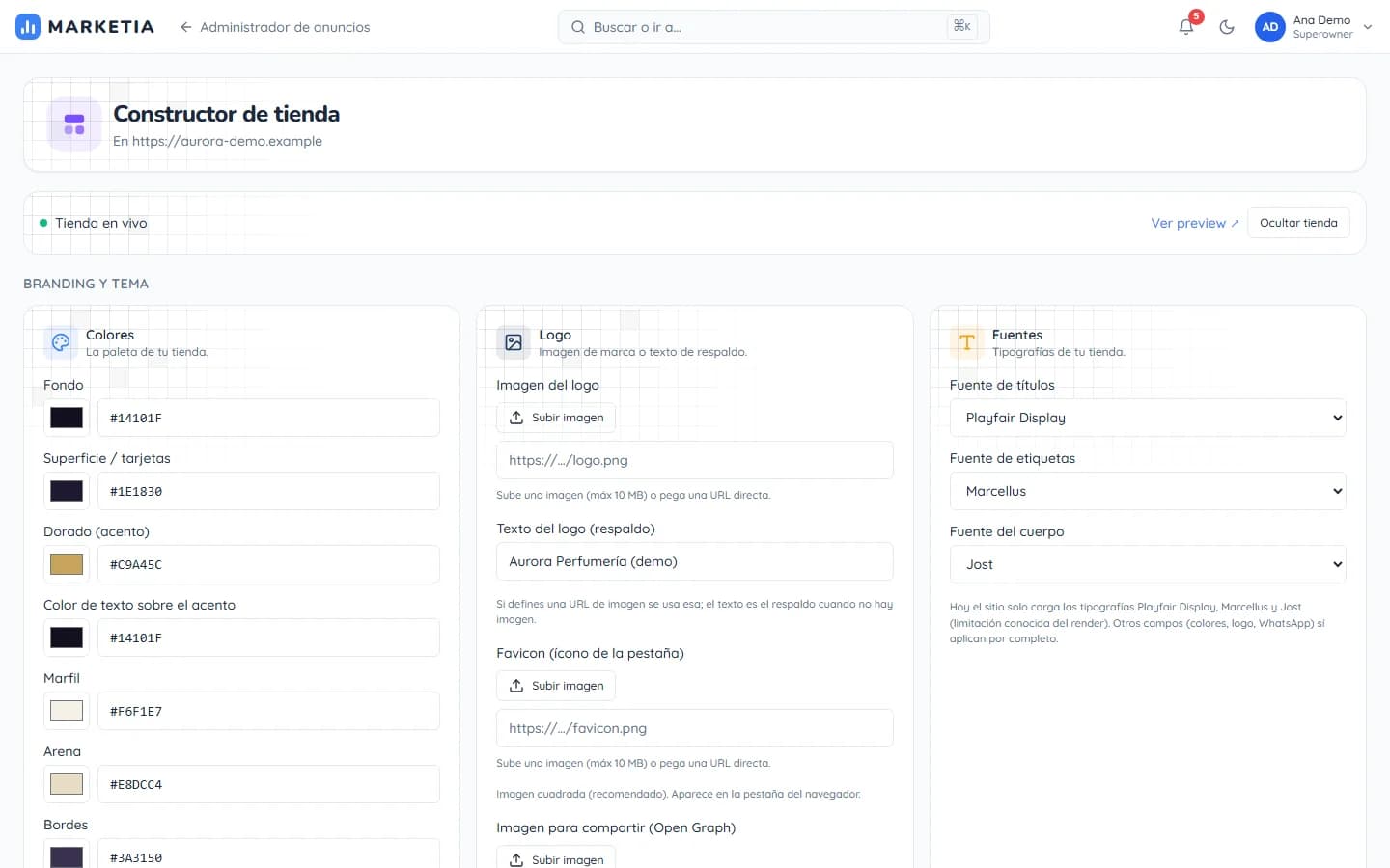 Store builder — Own store with the Meta pixel built in: colors, logo and typography.