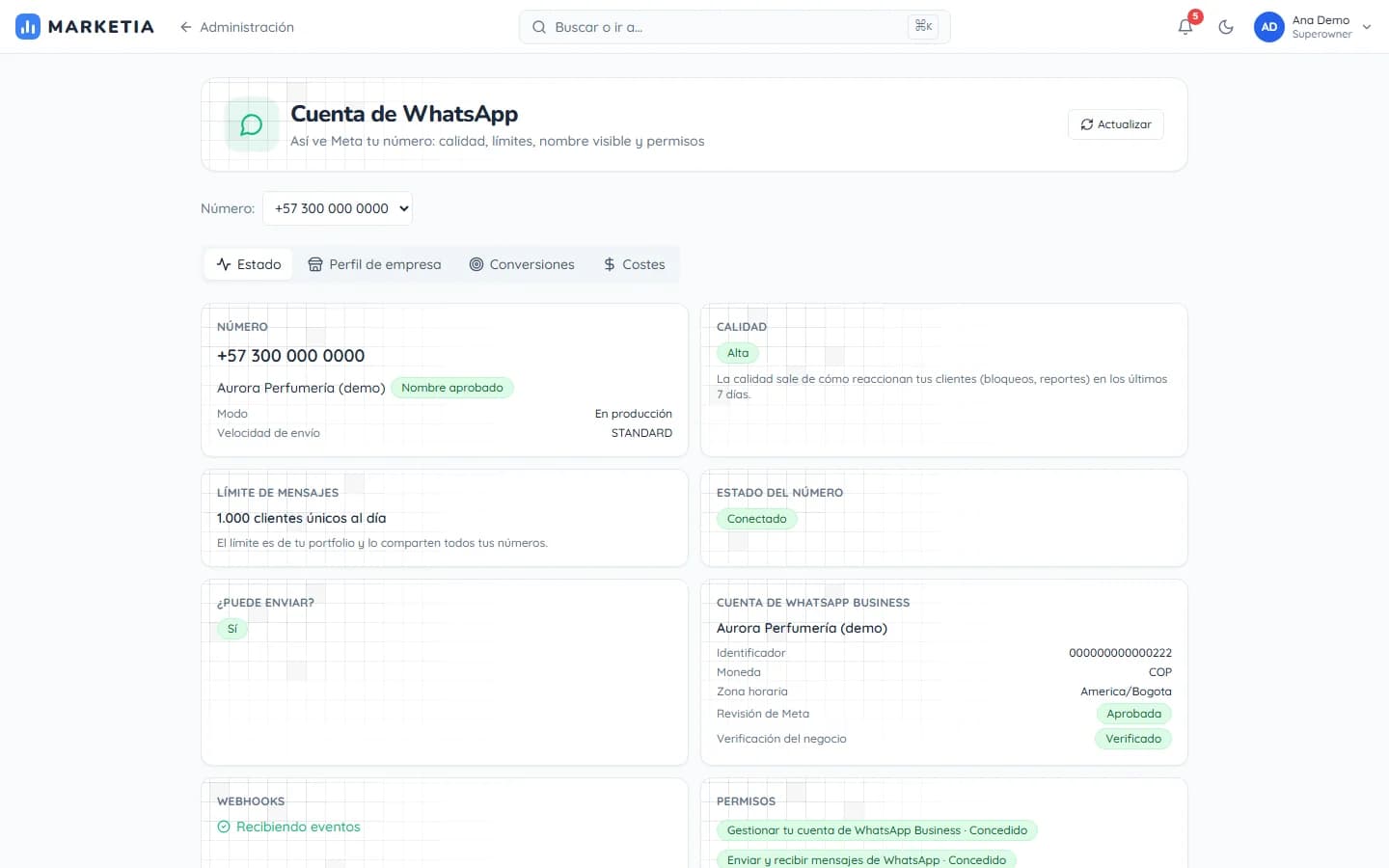 WhatsApp account — How Meta sees the number: quality, limits, display name and permissions.