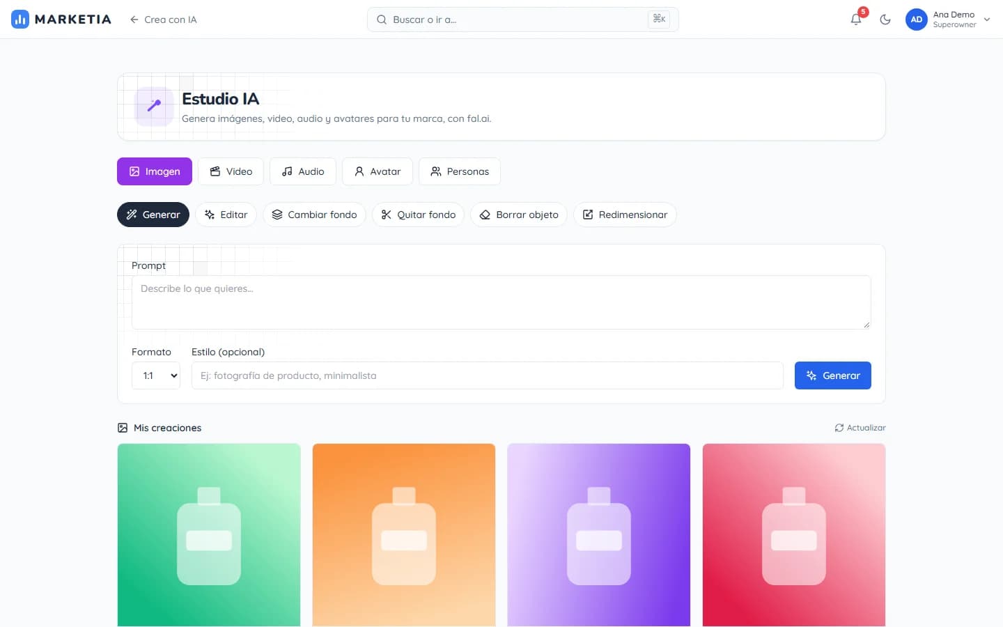 AI studio — Generate images, video, audio and avatars for the brand.