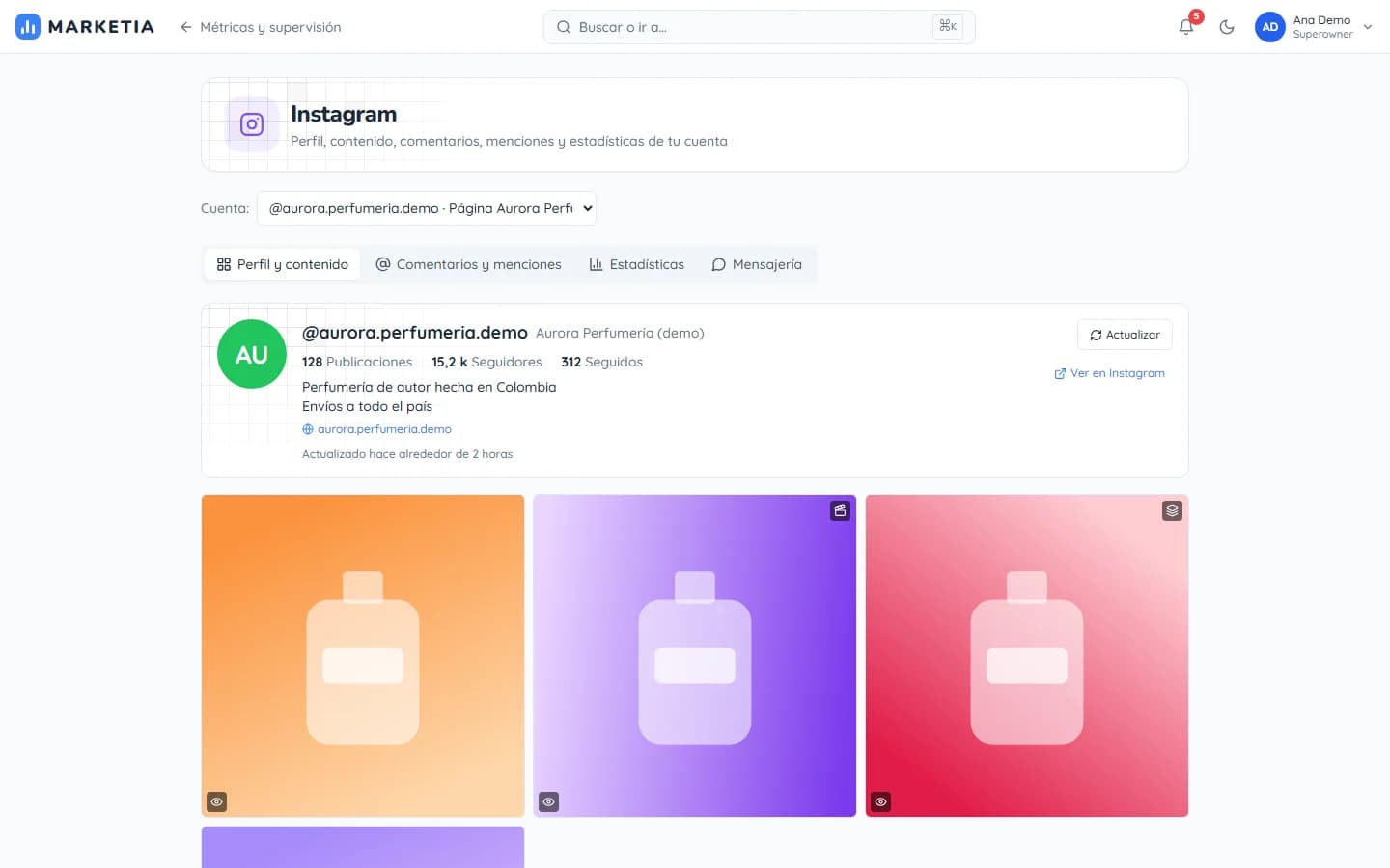 Instagram — Profile, content, comments, mentions and insights of the connected Instagram account.