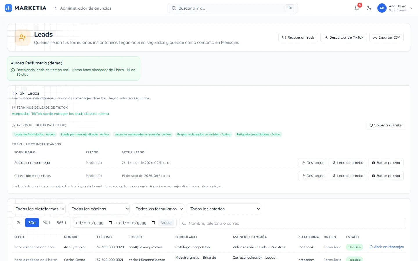 Leads — People who fill in instant forms arrive in seconds and become contacts in Messages.