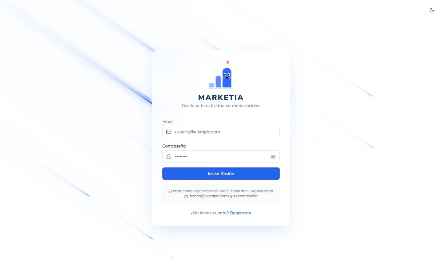 Sign in — Sign in to MARKETIA with email and password; every user belongs to an organization.