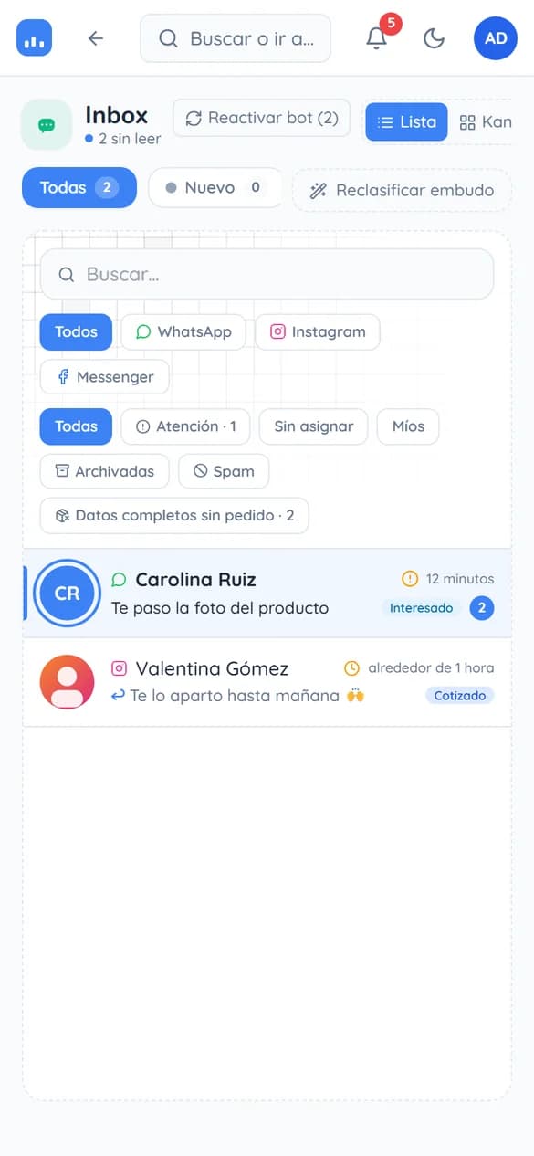 MARKETIA — Messages (unified inbox): WhatsApp, Messenger and Instagram inbox with funnel stages, AI agent and human handover.