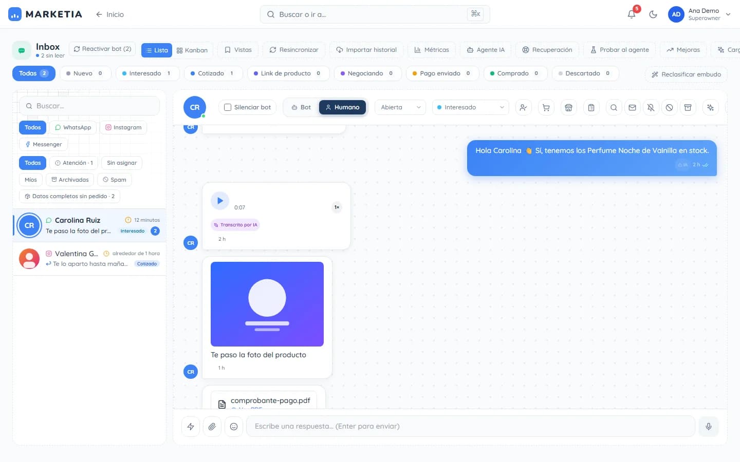 MARKETIA — Messages (unified inbox): WhatsApp, Messenger and Instagram inbox with funnel stages, AI agent and human handover.