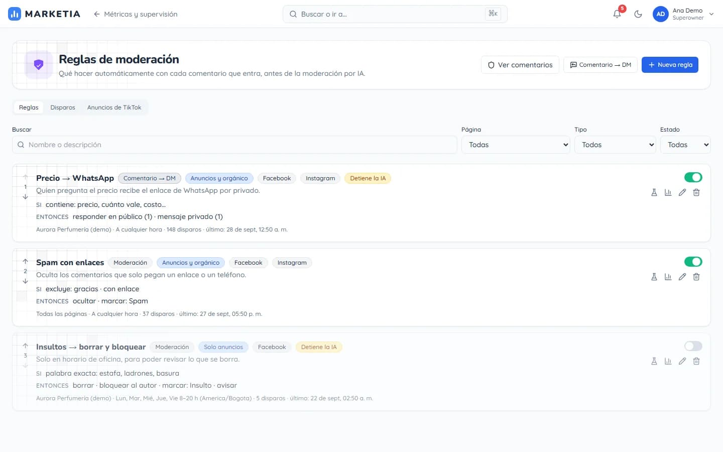 Moderation rules — What to do automatically with each incoming comment before AI moderation: reply, send a private message, hide, delete or block.