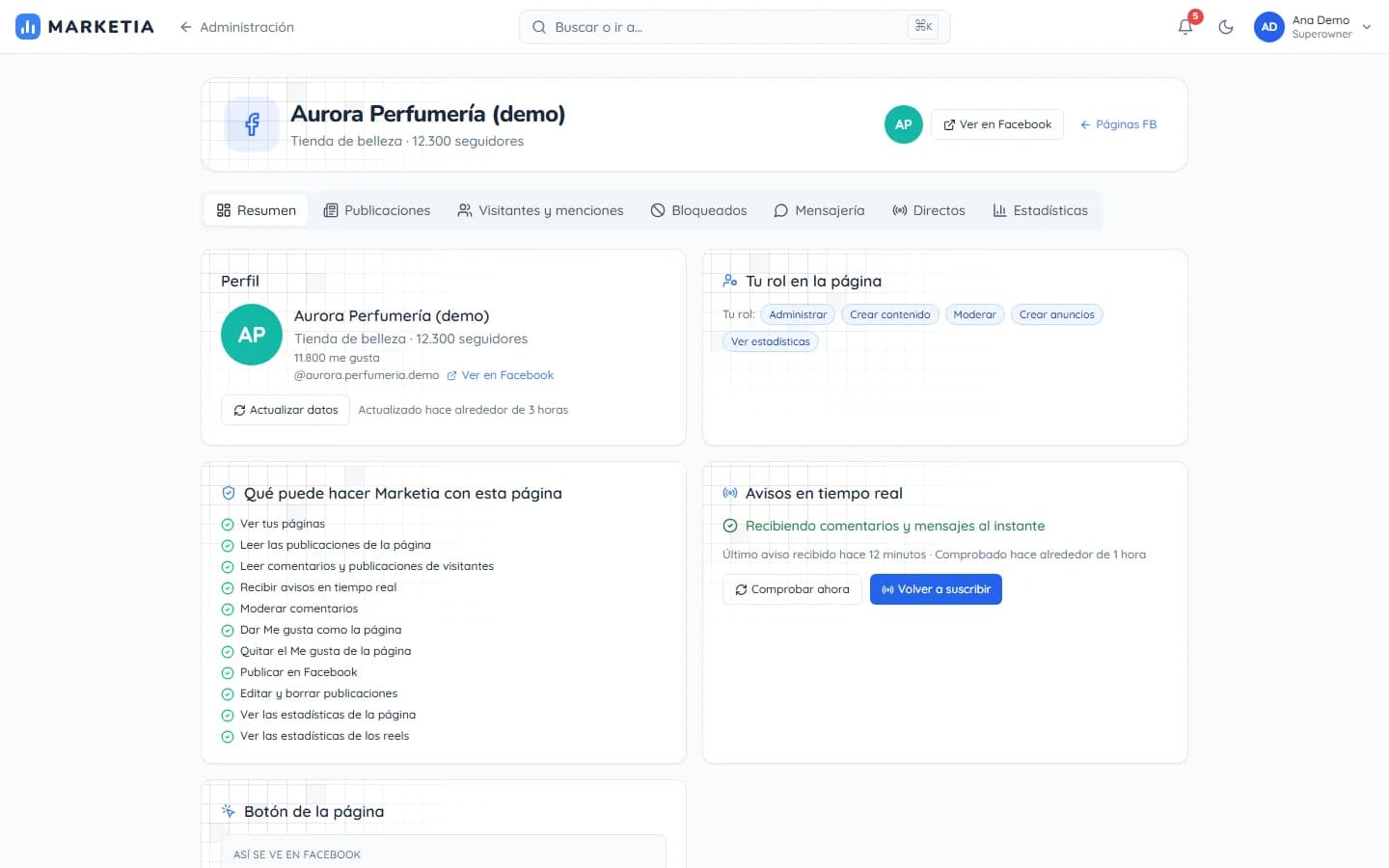 Facebook Page detail — What MARKETIA can do with each Page based on granted permissions, real-time webhooks and the Page action button.