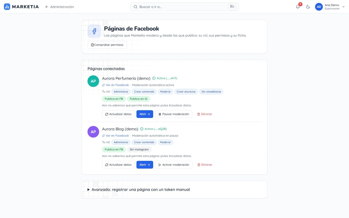 Facebook Pages — The Pages MARKETIA moderates and publishes from: role, permissions and profile.