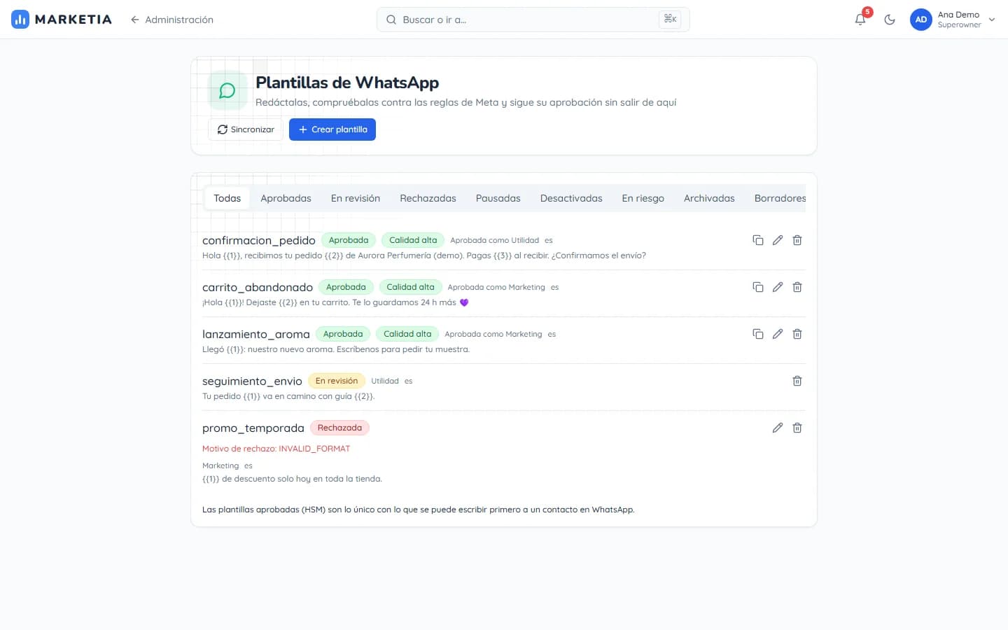 WhatsApp templates — Write templates, check them against Meta rules and track their approval.