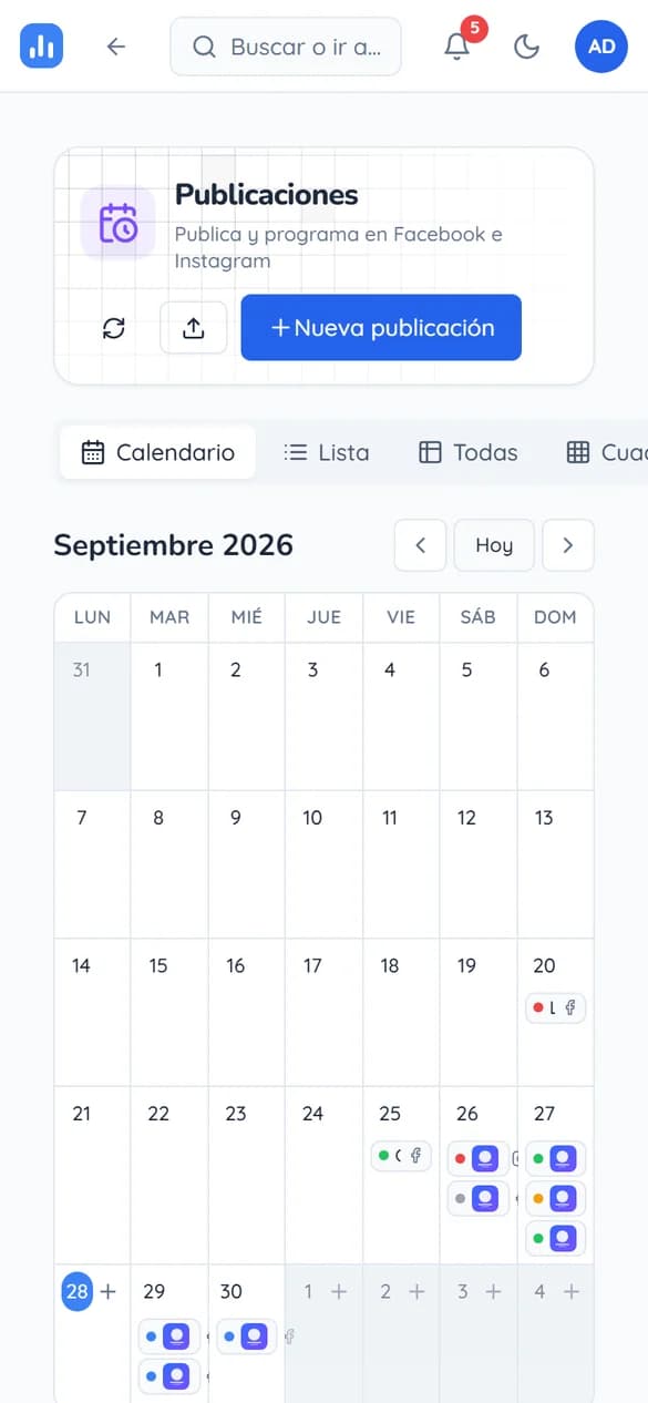 Publishing — Publish and schedule to Facebook and Instagram (plus Threads and TikTok when connected) from a calendar.