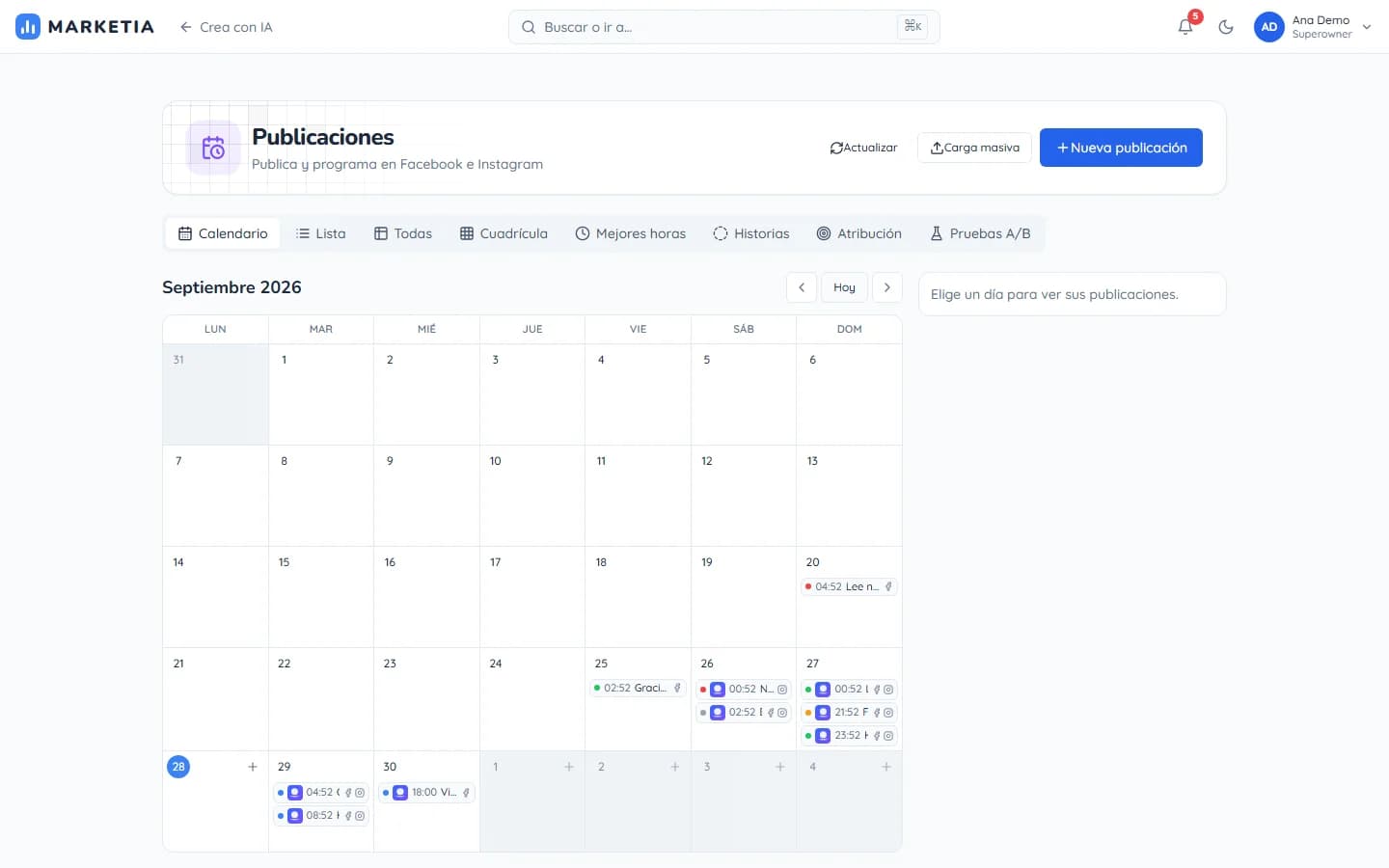 MARKETIA — Publishing: Publish and schedule to Facebook and Instagram (plus Threads and TikTok when connected) from a calendar.