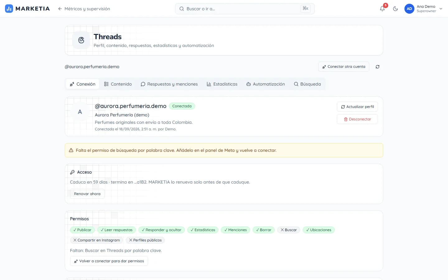 Threads — Profile, content, replies and mentions, insights and automation for the Threads account.