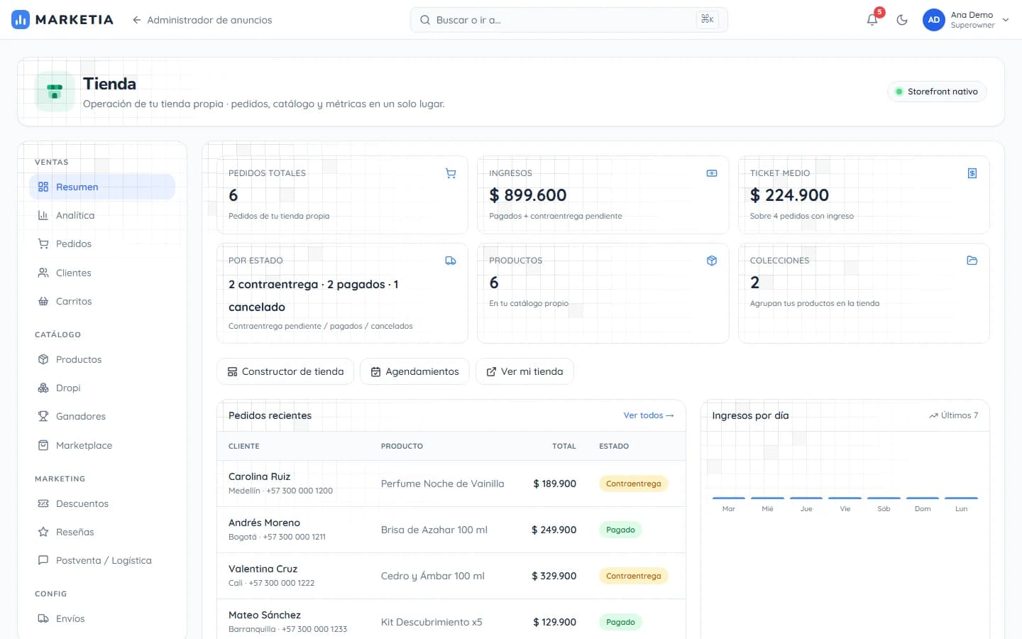 Store — Own-store operations: orders, catalog and metrics in one place.