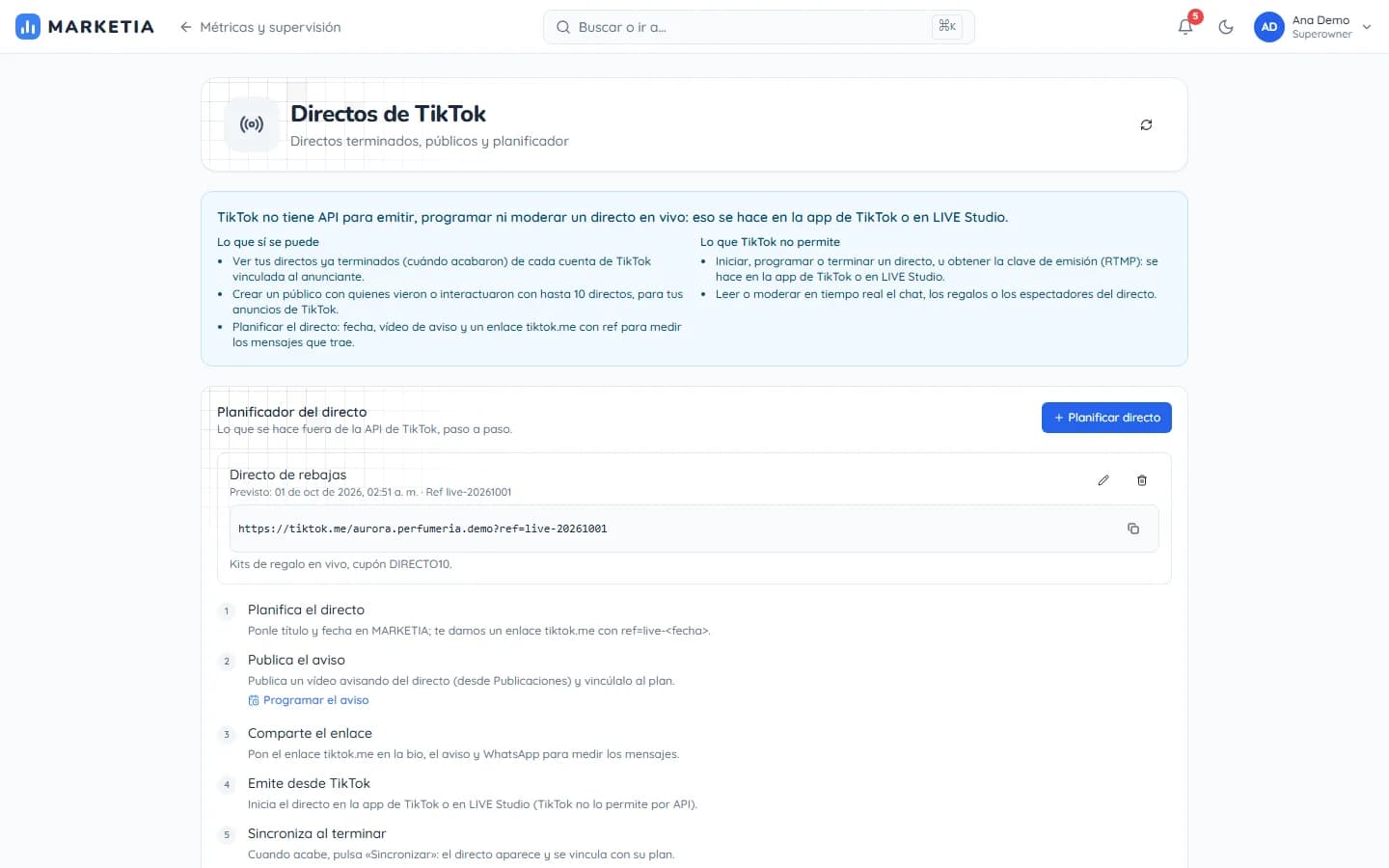 TikTok LIVE — Finished LIVE sessions, ad audiences and a LIVE planner; explains what the TikTok API allows and what it does not.