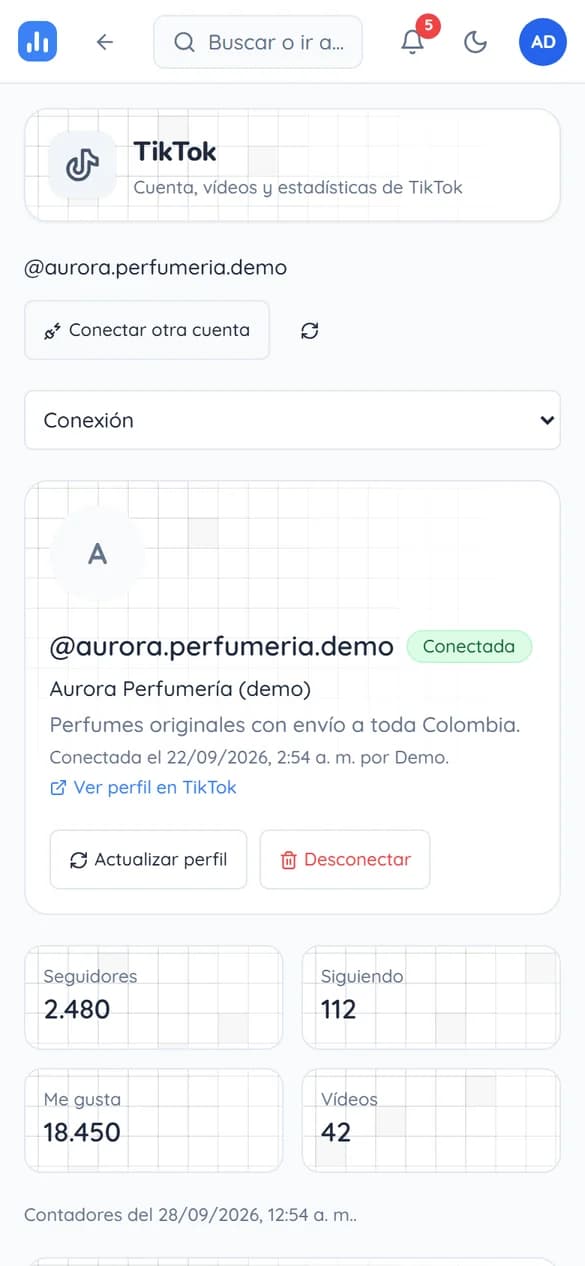 TikTok — TikTok account, videos and statistics connected through official OAuth, with the granted permissions shown.