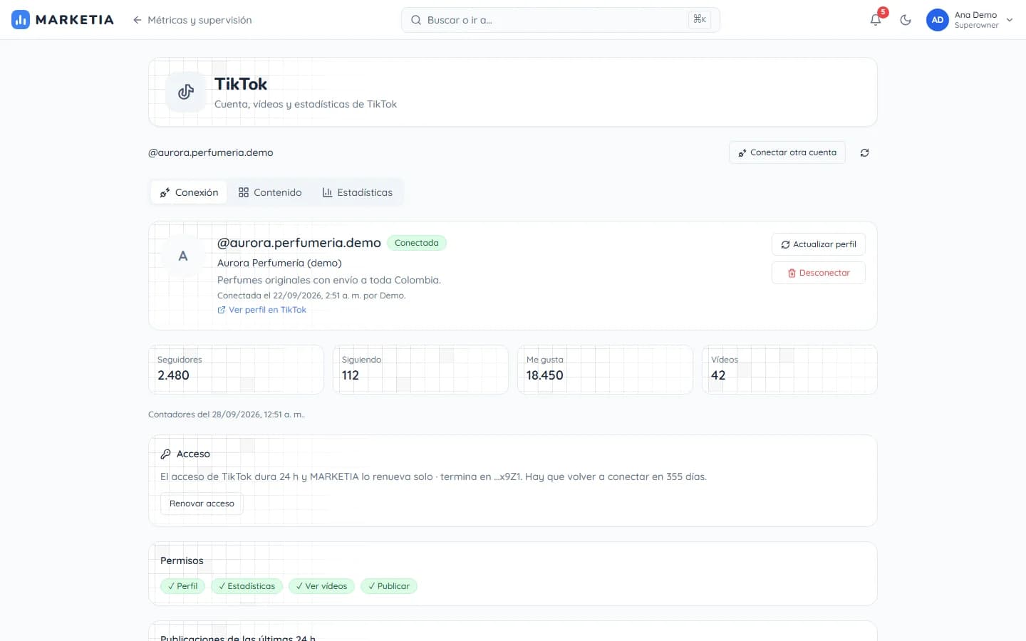 TikTok — TikTok account, videos and statistics connected through official OAuth, with the granted permissions shown.